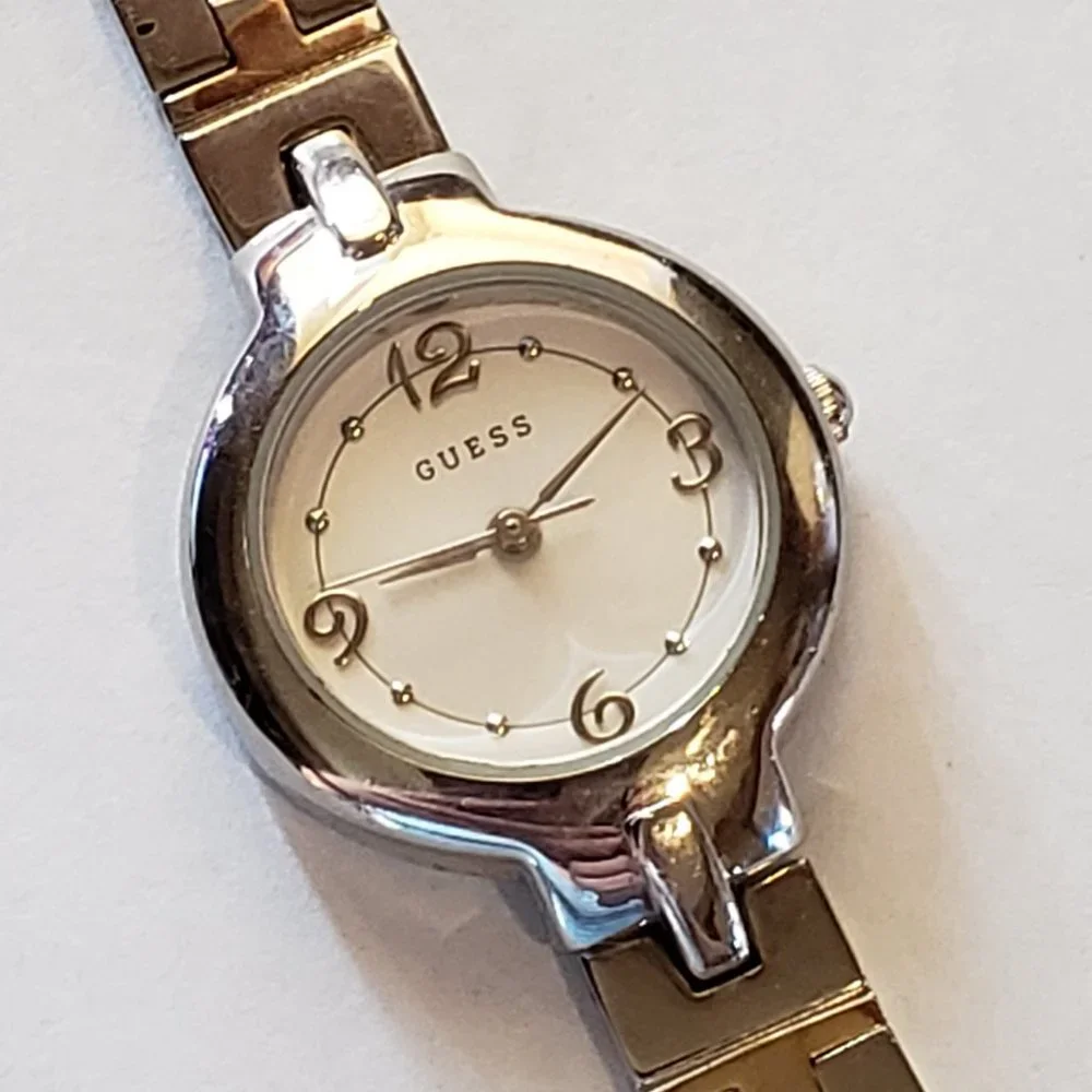 GUESS Two Tone Quartz Gold Silver Band White Face Easy to Read Ladies Watch